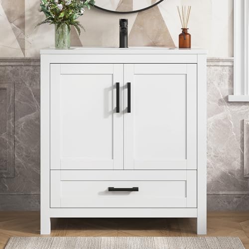 DELUXE LIVING 30 Inch Bathroom Vanity with Sink, White Bathroom Vanity Sink Combo with Large Drawer, 30 Inch Vanity for Bathroom with Undermount Single Sink, 2 Soft-Closing Doors, Black Handles