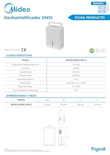 MIDEA Deshumidificador Silencioso 12L para Humedad interior hasta 20 m2 / 50 m3 - Deshumificadores para humedades en Habitación con depósito extraible - Deshumificador pequeño bajo consumo dehumifier