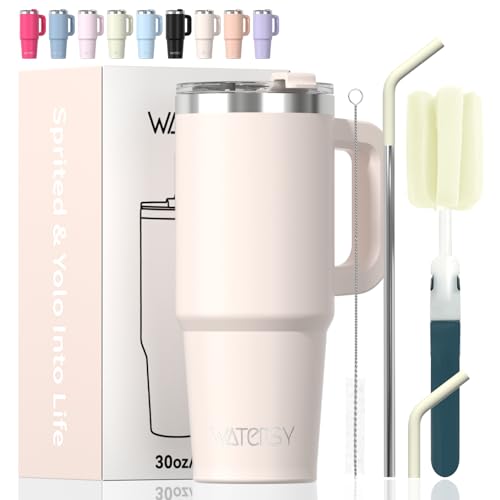 Image of 30 oz Tumbler with Handle,Tumbler with Lid and Straw,Double Wall Insulated Cup Stainless Steel Travel Mug(Cold for 34 Hours),Water Bottle for Iced Tea,Coffee,Cold Beverages(Ivory Beige)