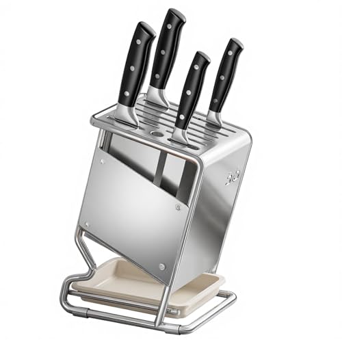 Woobroo Stainless Steel Knife Block with Drip Tray - 8 Slot Universal Knife Holder with Sharpening Steel & Non-Slip Feet for Modern Kitchens (Silver)
