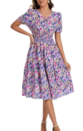 Image of Kormei Women Summer Casual Boho Floral Round Neck Short Sleeve Smocked Waist Tiered Flowy Swing Midi Dress