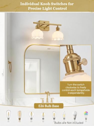 Image of 3-Light Vintage Bathroom Vanity Light, 19.4 inch Brass Hardwired Wall Sconce with Amber Tulip Glass Shades, Brushed Gold Vanity Light for Mirror, Restroom, Bedroom (White, 2-Light)