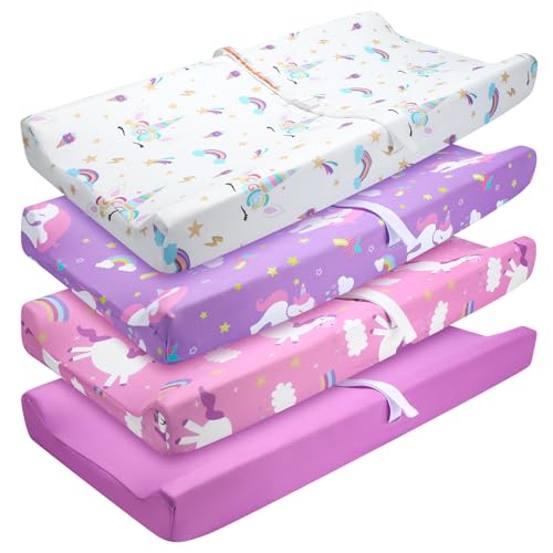 Image of Mindsoft 4 Pack 16 x 32 Inch Soft Baby Changing Pad Cover Cute Unicorns Rainbows Mat Covers Unisex Fitted Diaper Changing Pad Sheets for Baby Boys and Girls