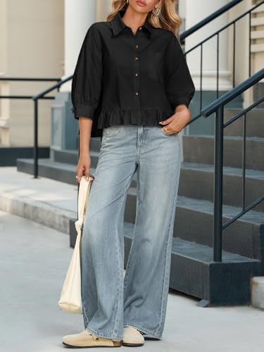 Cicy Bell Womens Cropped Button Down Shirts 3/4 Length Sleeve Casual Cotton Blouses Loose Fit Ruffle Hem Tops3