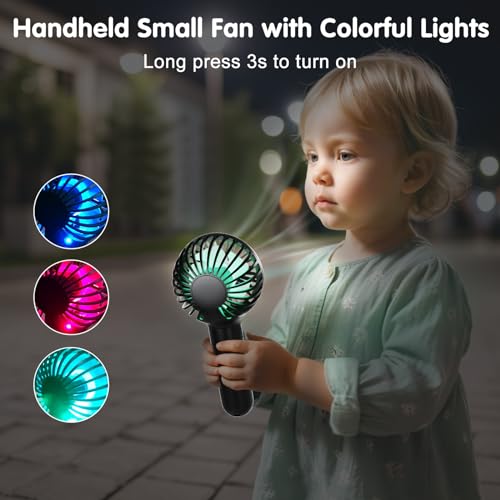 Handheld Mini Portable Fan, USB Desk Fan with Base as a Phone Holder, 3 Speeds Battery Operated Fans with RGB Color Light, Personal Fan for Kids, Women, Indoor, Outdoor Party(Black)