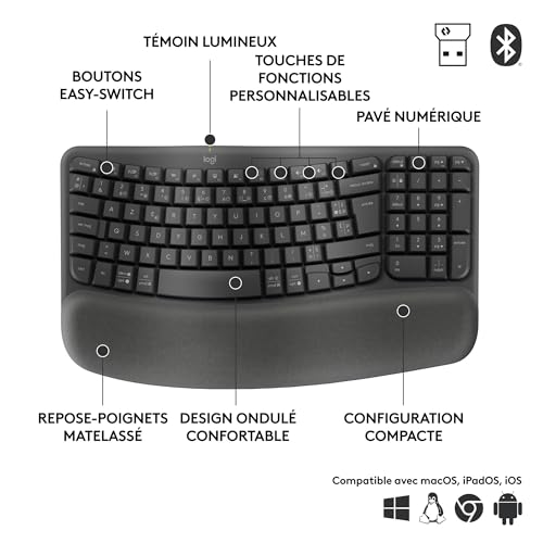 Logitech Wave Keys for Business, Clavier Ergonomique sans Fil avec Repose-Poignets rembourré, Technologie Logi Bolt sécurisée, Bluetooth, Windows/Mac/Chrome/Linux, Clavier FRA AZERTY, Graphite