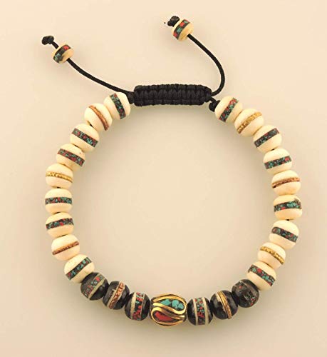 Hands Of Tibet Handmade Tibetan Prayer Mala Embedded Medicine Bracelet Yoga Healing Beads Adjustable Wrist Mala For Meditation Many Color Choices (White/Black/)4