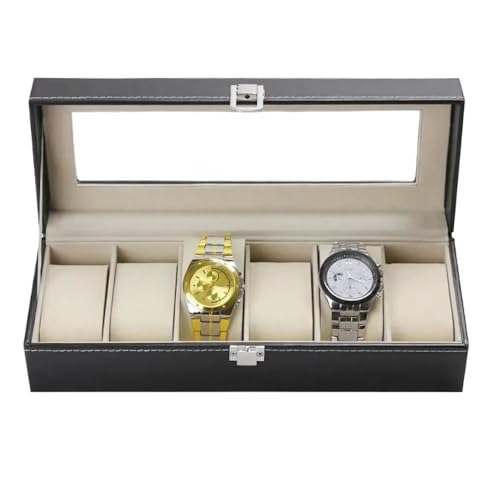 Estojo Organizador, 6 Divisórias, Relógios, Material Couro Sintético, Tampa de Vidro, Resistente e Seguro