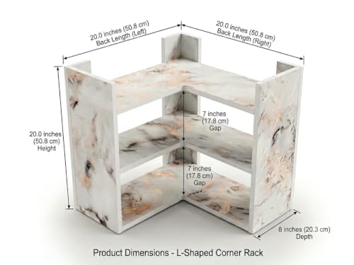 Image of Multipurpose 3 Tier L Shaped Wooden Storage Rack For Kitchen, Living Room and Utility Storage, White Marble