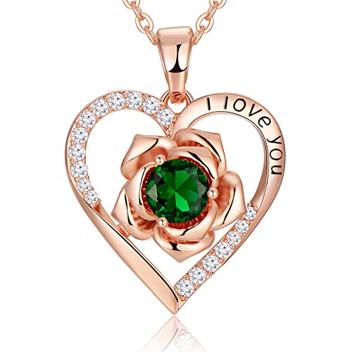 Dfunh Rose Birthday Gifts For Women 14K Gold Necklaces Flower Pendant Necklaces For Girlfriend Mom 30Th Anniversary Birthday Gift Christmas Valentines Day Mother's Day Flower Jewelry Gift For Wife Girls Her(Gold-May-Emerald) #TOP3