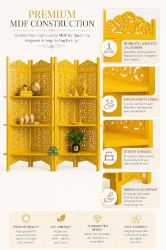 Image of Wooden Room Divider Partition with Display Shelves for Living Room | Foldable 4 Panel Decorative Privacy Screen Separator for Home, Office & Bedroom | Modern Gold Finish