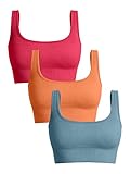 OQQ Women's 3 Piece Medium Support Tank Top Ribbed Seamless Removable Cups Workout Exercise Sport Bra Brightred Orange Blue