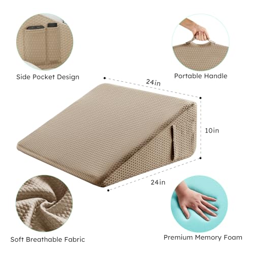 Image of Bedluxe Wedge Pillow, 10 inch Bed Wedge Pillow for Headboard, Pillow Wedge for Acid Reflux Relief, Sleeping, After Surgery, Snoring, Gerd, Triangle Pillow Wedge - Cooling Memory Foam Top, Coffee