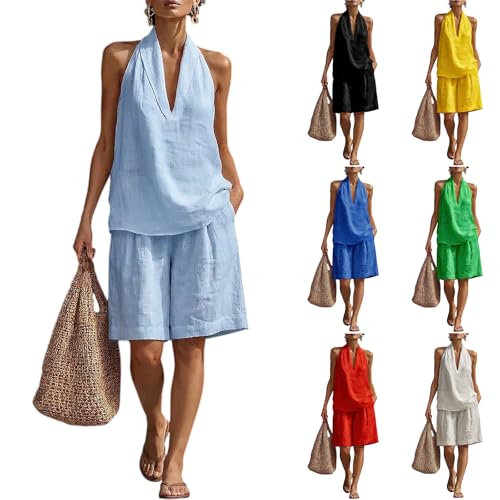 Linen Short Sets for Women 2 Piece Lounge Outfits Halter V Neck Tank Tops and Knee Length Bermuda Short Sets for Older Women 60 Age Matching Wide Leg Pajamas Shorts Set Summer Beach Vacation Clothes