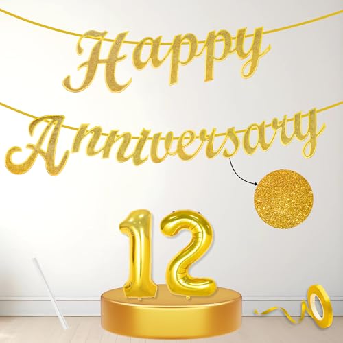 Image of Flyloons 12th Happy Anniversary Banner Gold Decorations Kit for Men Women Wedding Anniversary Banner Items without Balloons