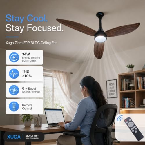 Image of XUGA Ziora F9P 1200mm BLDC Ceiling Fan with Remote & LED Light, 34W Energy Saving Copper Motor, 370 RPM Speed, 235 CMM Air Delivery, 6+ Boost Speed Settings, Wooden Finish Blades, Black Motor Housing
