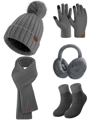 heekpek Mütze Schal Handschuhe Ohrenschützer und Socken Set Damen 5...