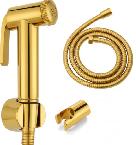 PRARAMBH Health Faucet Jet Spray for Toilet with Hose & Wall Holder, Handheld Bidet Spray for Bathroom, Durable ABS Body (Gold)