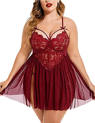 Image of Beautiful Creations Womens Plus Size Lace Floral Knee Length Babydoll Nightwear Set with G-String Panty