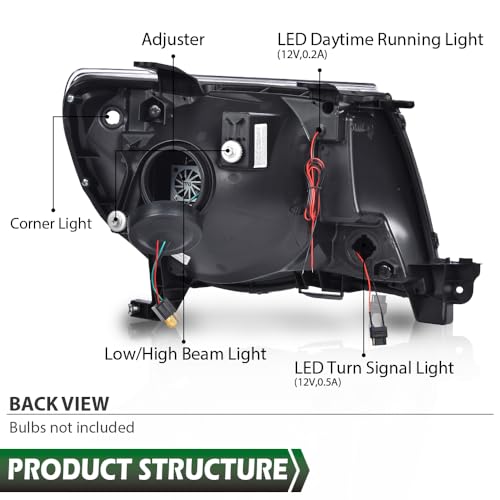 Image of GRAND ORANGE LED Tube Projector Headlights Assembly Headlamps W /o Bulbs Compatible with Toyota Tacoma 2005-2011 Clear Lens Black Housing Clear Reflector Driver & Passenger Side