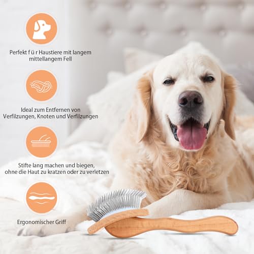 YOPETAYU Slicker Bürste für Hunde & Katzen mit Holzgriff – extra lange Borsten für langes Fell – entfernt Unterwolle & Knoten – mit Fellkamm – für Golden Retriever & Australian Shepherd – Oak