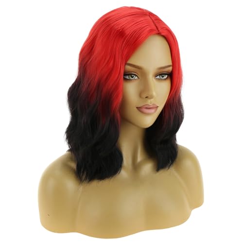 Image of BERON Red Ombre Black Wigs for Women Short Curly Wavy Red and Black Hair Wig Girls Ombre Color Synthetic Costume Cosplay Wig