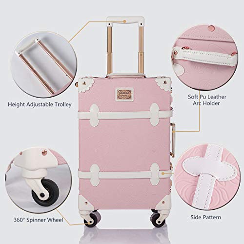 COTRUNKAGE Women Pink Vintage Luggage Floral Cute Trolley Suitcases for Travel (24"(Check-in), Embossed Pink)4