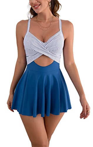 B2prity Women Cutout One Piece Skirt Swimsuit V Neck Tie Back Swimdress Tummy Control Bathing Suit(Stripe,Blue)