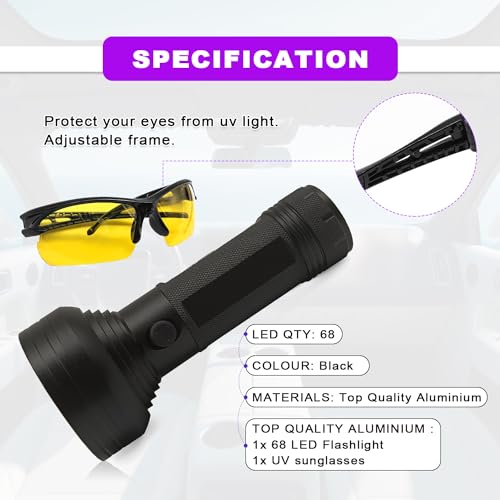Air Conditioner Leak Detector Tool - Pro 68 LED Flashlight with UV Protective Glasses Professional Car Tool Car AC UV Dye Leak Detection Kit