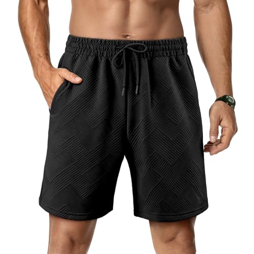 Image of BAGHUY Mens Shorts Casual Summer Shorts with Zip Pockets Elastic Waist Drawstring Comfortable,Black,L