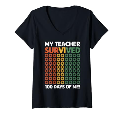 Femme My Teacher Survived 100 Days of Me Rétro Pois Professeur T-Shirt avec Col en V