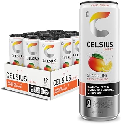 CELSIUS Sparkling Mango Lemonade, Sugar Free Energy Drink, 12 Fl Oz (Pack of 12)