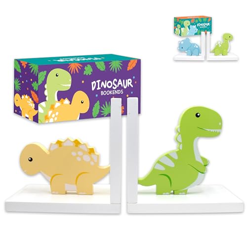 Decorably Stego and Trex Dinosaur Book Ends for Kids Books - 1 Set Non-Skid Wooden Bookends for Kids Room Bookends - Nursery, Classrooms