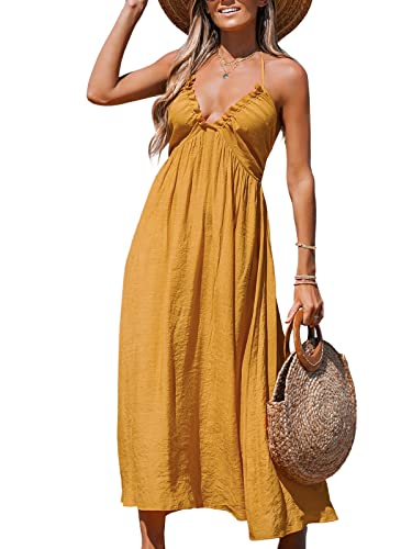 Cupshe Women Summer Halter Plunge Smocked Maxi Dress Sleeveless Long Solid Fitted Waist Dress Yellow #TOP17