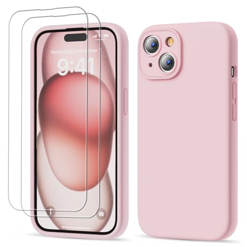 GOODVISH 3 en 1 Funda para iPhone 15 de Silicona Líquida, Carcase con 2 Piezas Templado Protectora, 360 Protección de Cuerpo Completo la Pantalla y la Cámara AntiChoques iPhone 15 Case 6,1",Rosado