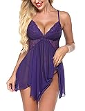 Avidlove Damen Dessous Set Spitze Babydoll Nachthemd Sexy Unterwäsche Curvy Negligee Elegant Kleid V-Ausschnitt Und G-String Lila S
