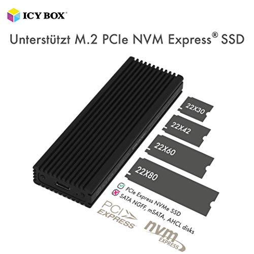 Icy Box Ssd Ssd M.2 Nvme Case, USB 3.1 (Gen2, 10 Gbit/S), USB-C, USB-A, Pcie M-Key, Alluminio, Nero