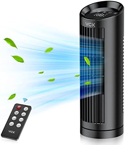 VCK Tower Fan, 80° Oscillating Fan with Remote Control, 13'' Portable Small Desk Fan, Adjustable 3 Speed, 12h Timer, 4 Mode, Personal Quiet Cooling Bladeless Table Fan For Bedroom Office Desktop