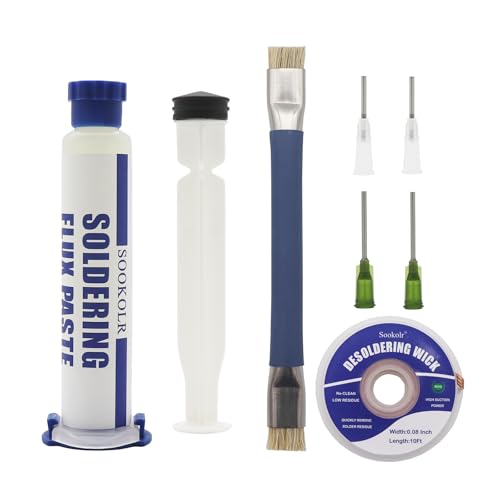 Sookolr Desoldering Wick and Soldering Flux Paste, PCB Cleaning Brush Dual Head Anti-Static, No Clean Flux (10CC), Solder Wick 10Ft, Electronics Repair Solder Removal Kit