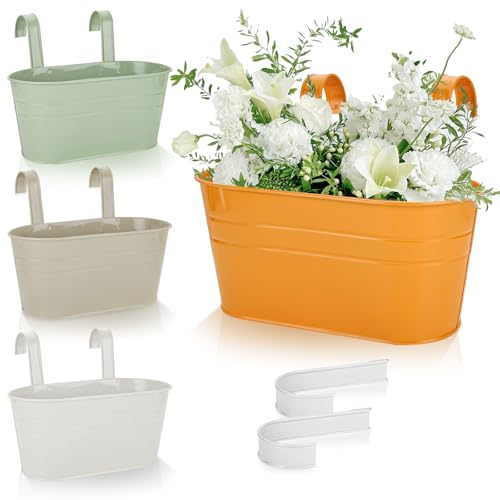 CYEER 4 PCS Hanging Plant Pot, Metal Balcony Planters for Railing with Detachable Hook, 27cm Over Fence Planters, Hanging Plant Pots Flower Pot Outdoor Garden Pots Fence, Colourful