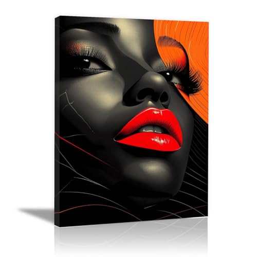 QUSAAOU Tableau Toile Maquillage affirmé bouche rouge éclatante Femmes Noires Abstraites Tableau...