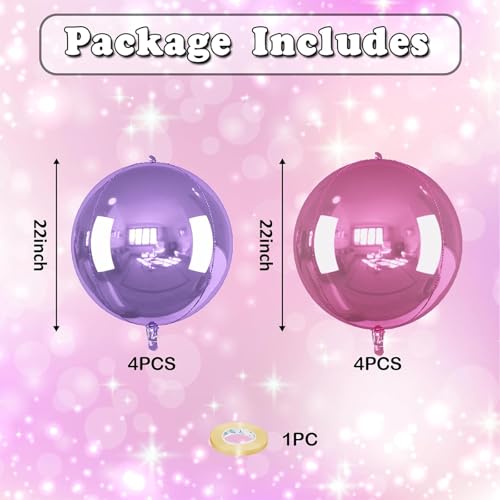 Image of 8 Pcs Pink Purple Round Foil Balloons Metallic Purple Lavender Baby Light Pink 4D Ball Balloons 22 In Ornament Mylar Balloon for Girl Birthday Graduation Wedding Anniversary Disco Party Decor