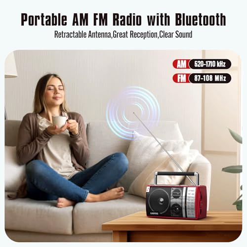 LEOTEC AM FM Radio, Portable Bluetooth Radio, Plug in Wall or Battery Operated Best Reception with Headphone Jack, Handheld Great for Home, Outdoor, Red