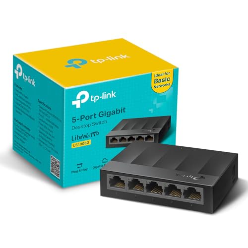 TP-Link LS1005G 5-Port Gigabit Network Switch Desktop/Wallmount Ethernet Splitter Plug and Play Power Saving Fanless design IEEE 802.3X Auto-MDI/MDIX Perfect for Home/Office/Surveillance