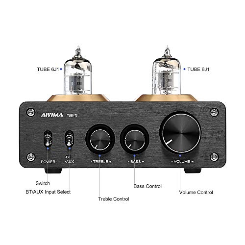 AIYIMA Tube T2 6J1 Tube Preamplifier Bluetooth 5.0 HiFi Vacuum Tube Preamp with Treble & Bass Adjust Audio Preamp for Home Audio Amplifier Theater System+DC 12V Power Adapter(Silver)