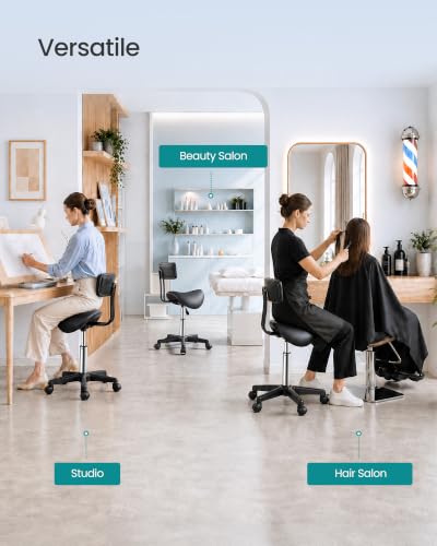 Image of SONGMICS Ergonomic Saddle Stool with Backrest and Wheels | Height Adjustable Salon Stool, 360 Swivel Beauty Chair, PU Leather, Ink Black, ACTIVO Collection UOSC015B101
