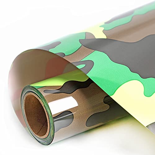 Image of FUNKAKA HTV Heat Transfer Vinyl Rolls, Camo Army Green, 12 inch x 9ft | Iron on Vinyl for T-Shirt, Stretchy PU HTV Vinyl for All Cutter Machines Easy to Cut & Weed for DIY Art Crafts Fabric