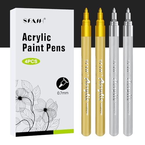 Image of SFAIH Gold & Silver Paint Markers Pens - 4 Pack 0.7MM Fine Tip Metallic Acrylic Markers for Card Making, Gift Decorating, Rock Painting, Detailed Art