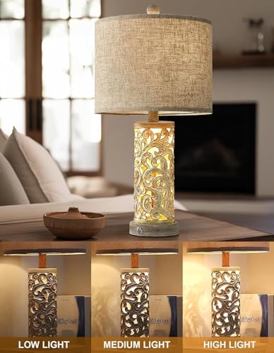 56 cm ściemniana lampa stołowa ze sterowaniem dotykowym z USB A+C, lampka nocna i żarówka - idealna do sypialni, salonu, biura, domu wiejskiego (brązowa i sprana biel, po 1 opakowanie)
