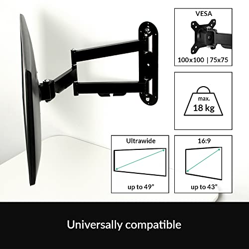 ARCTIC W1C - Wall Mount with Retractable Folding Arm, Wall Space-Saving Attachment, up to 43"; 49" Ultrawide, up to 18 kg (39.6 lbs), Cable Managment, Simple Installation - Black - Image 2